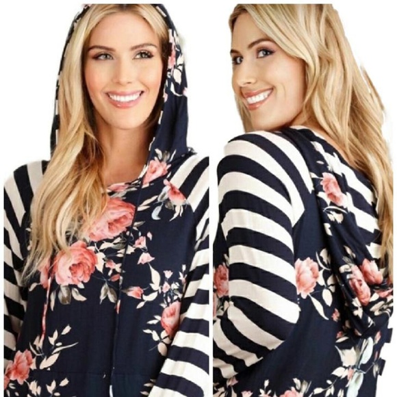 NAVY BLUE WHITE STRIPED HOODED TOP - Picture 5 of 6